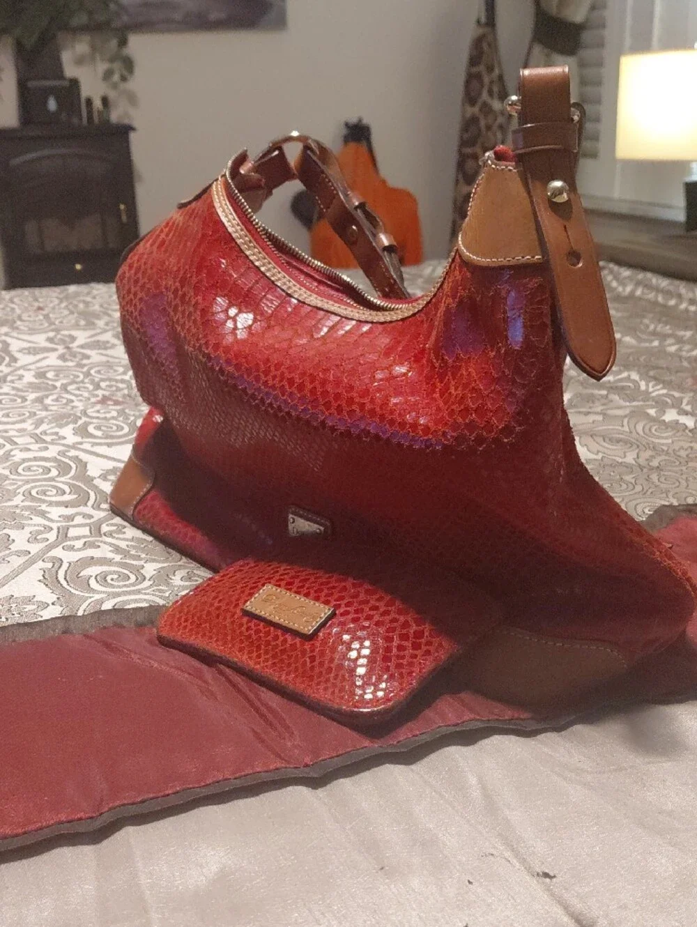 Dooney & Bourke Glossy Red Faux-Snakeskin Hobo with Brown Trim & Wallet